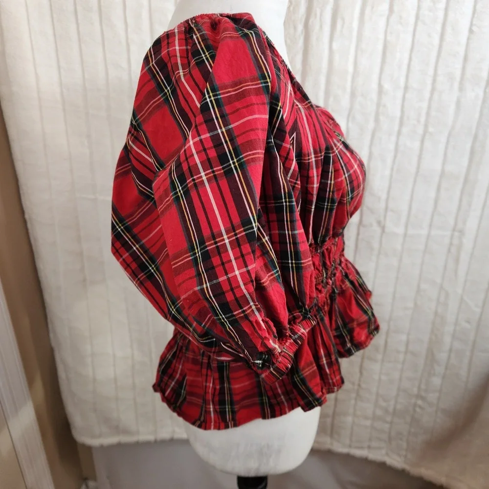 Old Navy Top Red Plaid Tartan Smocked Puff Sleeve Peplum  Preppy Academia Size M